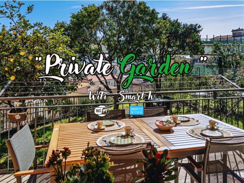 Day, Garden, Balcony/Terrace, Dining area, Text overlay, Garden view