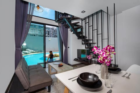 Living room, Seating area, Dining area, Pool view, Swimming pool