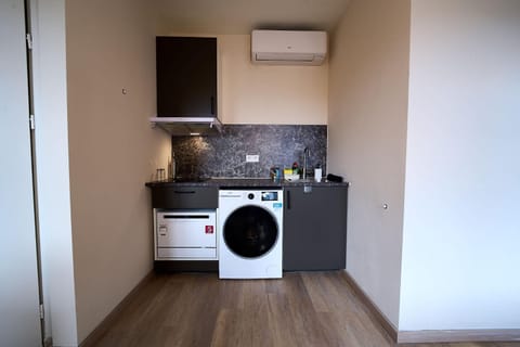 Kitchen or kitchenette, oven, stove, washing machine, dryer