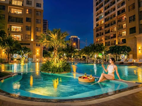 Property building, Night, Swimming pool