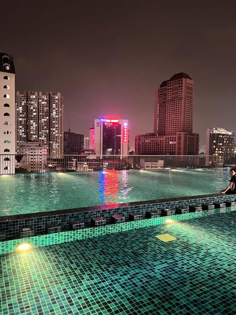 Night, City view, Pool view, Swimming pool