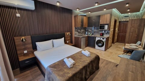 Communal lounge/ TV room, Bed, Kitchen or kitchenette, Living room, Photo of the whole room, Seating area, Dining area, Evening entertainment, Bedroom, stove, wardrobe, washing machine, air conditioner