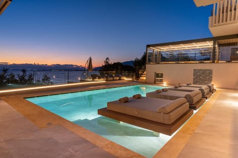 Patio, Night, Natural landscape, View (from property/room), Seating area, Pool view, Swimming pool, sunbed