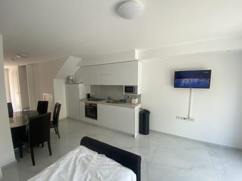 Bed, TV and multimedia, Kitchen or kitchenette, Photo of the whole room, Seating area, Dining area, Bedroom, oven, stove