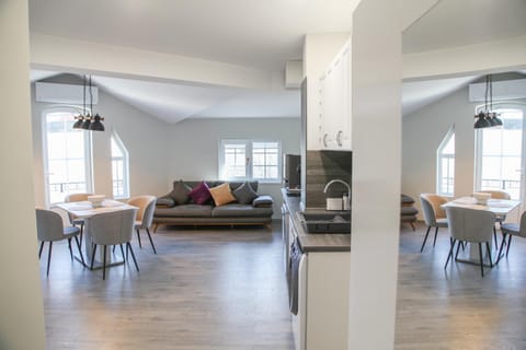 Kitchen or kitchenette, Living room, Seating area, Dining area