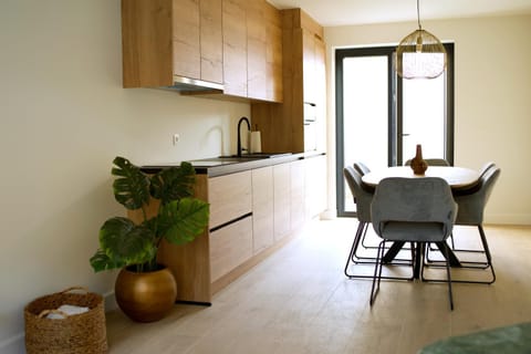 Kitchen or kitchenette, Living room, Seating area, Dining area