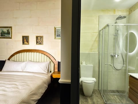 Shower, Toilet, Bed, Bathroom, Photo of the whole room, Bedroom, towels