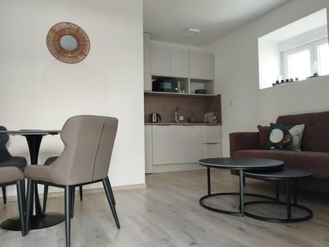 Kitchen or kitchenette, Living room, Seating area, Dining area