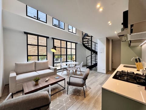 Kitchen or kitchenette, Living room, Seating area, stove