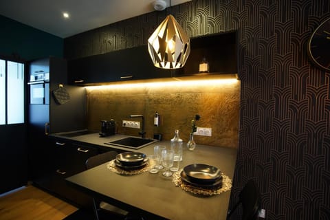 Kitchen or kitchenette, stove