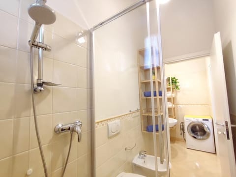 Shower, Toilet, Bathroom, towels, washing machine, dryer