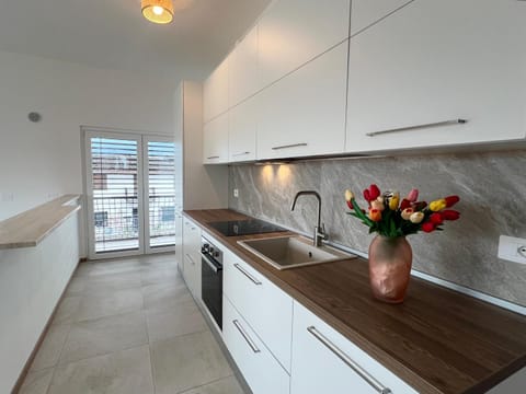 Kitchen or kitchenette, stove