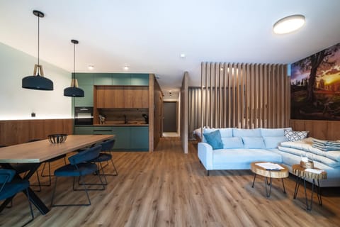 Kitchen or kitchenette, Living room, Seating area, Dining area