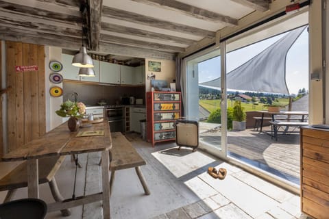 Kitchen or kitchenette, Living room, Seating area, Dining area