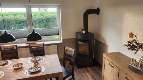 Dining area, fireplace, oven