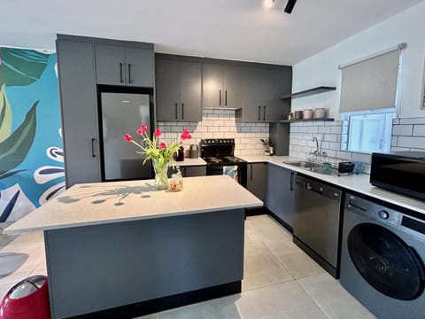 Kitchen or kitchenette, dishwasher, oven, stove, toaster, washing machine, dryer