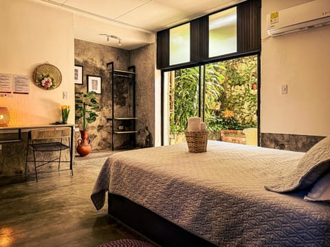 Bed, Photo of the whole room, Bedroom, towels, air conditioner