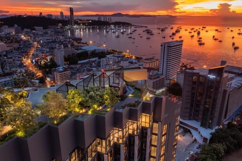 Property building, Natural landscape, Bird's eye view, City view, Sea view, Sunset