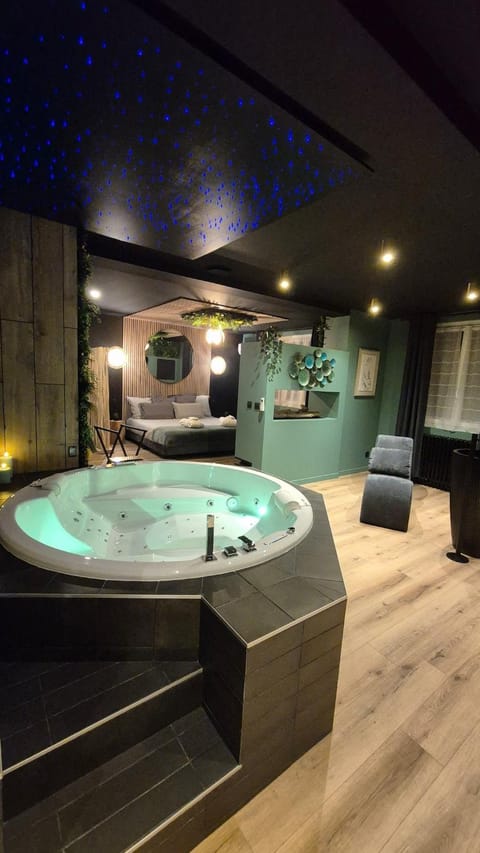 Bed, Night, Hot Tub, Bath, fireplace