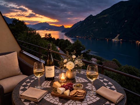 View (from property/room), Balcony/Terrace, Dining area, Lake view, Mountain view, Sunset