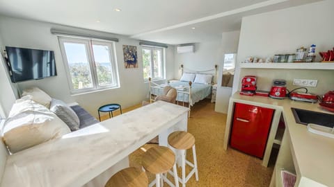 TV and multimedia, Kitchen or kitchenette, Living room, Photo of the whole room, Dining area, Bedroom