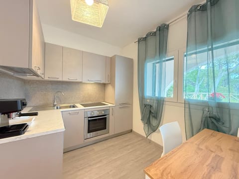 Kitchen or kitchenette, dishwasher, oven, stove