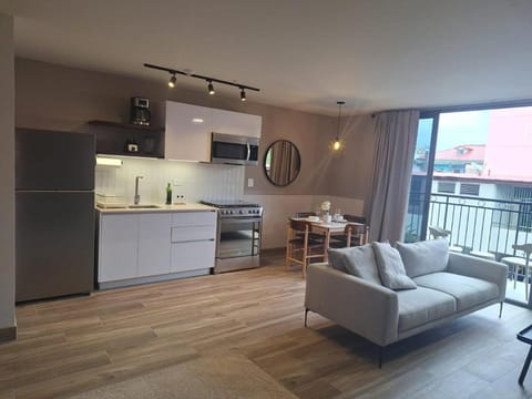 Kitchen or kitchenette, Living room, Dining area, oven, stove