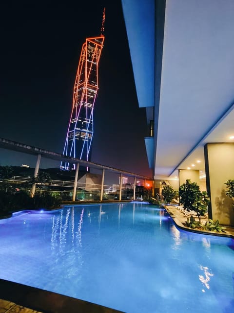 Property building, Night, Pool view, Swimming pool
