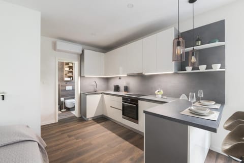 Kitchen or kitchenette, dishwasher, oven, stove