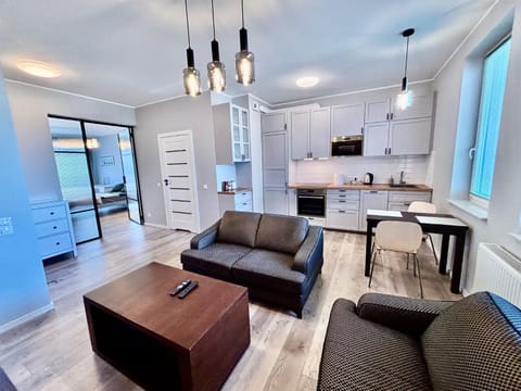 Kitchen or kitchenette, Living room, Seating area, Dining area