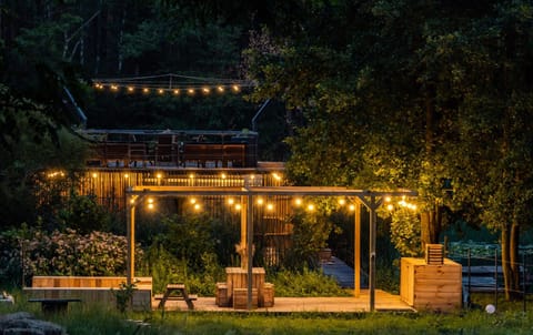 Property building, Night, Garden, Seating area, Garden view