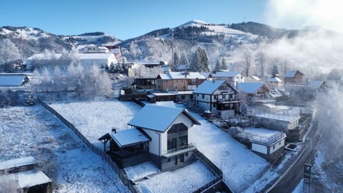 Property building, Natural landscape, Bird's eye view, Winter, Mountain view