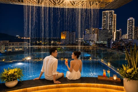Patio, Night, People, Guests, City view, Pool view, Swimming pool