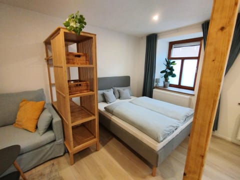 Bed, wardrobe