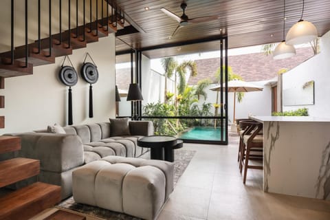 Living room, Seating area, Pool view