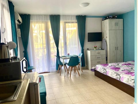 Bed, TV and multimedia, Kitchen or kitchenette, Living room, Photo of the whole room, Seating area, Dining area, Bedroom, wardrobe