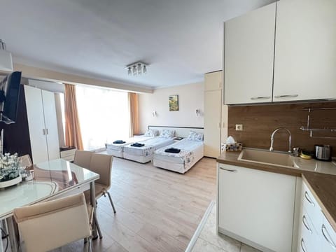 Bed, Coffee/tea facilities, Kitchen or kitchenette, Living room, Photo of the whole room, Seating area, Dining area, Bedroom, stove, towels