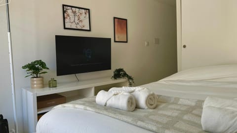 Bed, TV and multimedia, towels