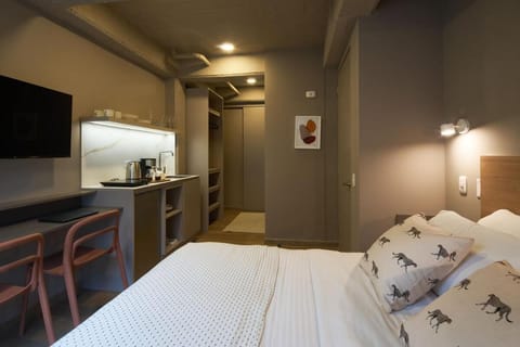 Bed, TV and multimedia, Kitchen or kitchenette, Photo of the whole room, Seating area, Bedroom, wardrobe