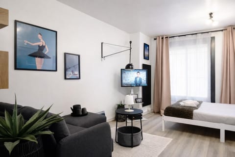 Bed, TV and multimedia, Living room, Seating area, Evening entertainment, Bedroom