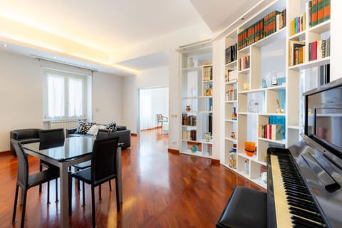 Library, Living room, Seating area, Dining area