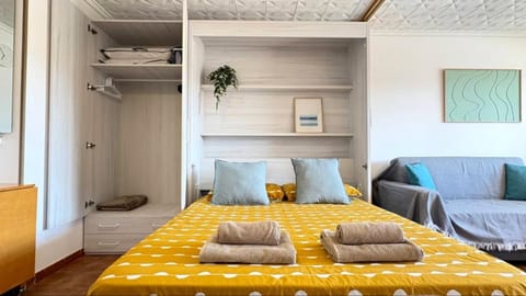 Bed, Photo of the whole room, Decorative detail, Bedroom, towels, wardrobe, air conditioner