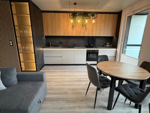 Kitchen or kitchenette, Living room, Seating area, Dining area