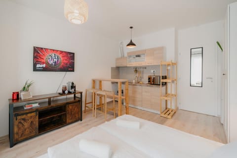 Bed, TV and multimedia, Coffee/tea facilities, Kitchen or kitchenette, Photo of the whole room, Dining area, Bedroom, stove
