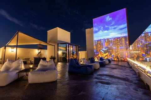 Property building, Night, View (from property/room), Seating area, Landmark view, Quiet street view
