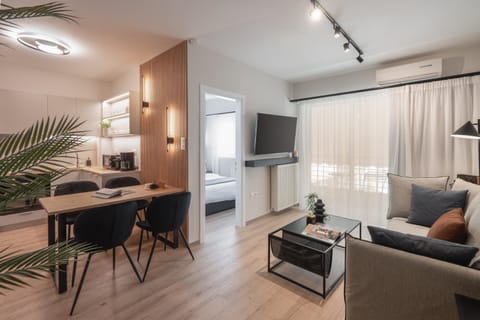 TV and multimedia, Kitchen or kitchenette, Living room, Photo of the whole room, Seating area, Dining area