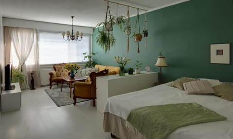 Bed, Living room, Seating area