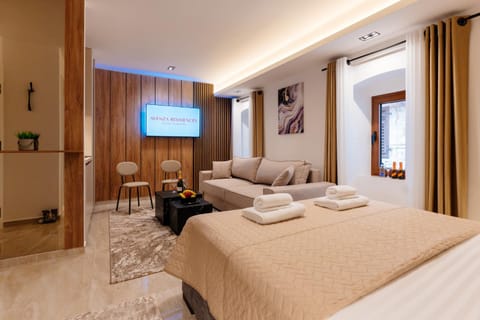 Bed, TV and multimedia, Living room, Photo of the whole room, Decorative detail, Seating area, Bedroom, towels