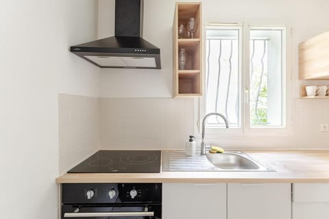 Kitchen or kitchenette, stove
