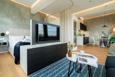 Bed, TV and multimedia, Kitchen or kitchenette, Living room, Photo of the whole room, Seating area, Dining area, Bedroom, oven